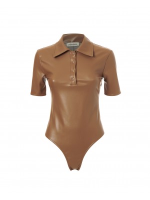 Faux Leather Bodysuit Brown Τοπ