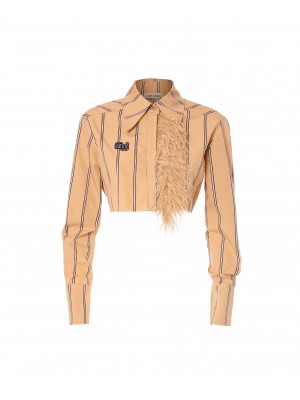 Stripped Cropped Shirt With Feathers Camel